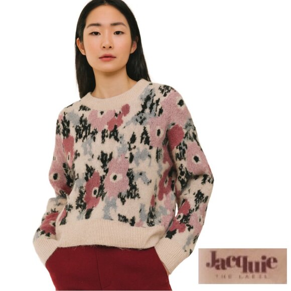 JACQUIE THE LABEL Creamy Beige Floral Jacquard Brushed Knit Boxy Sweater Sz L - Picture 1 of 6